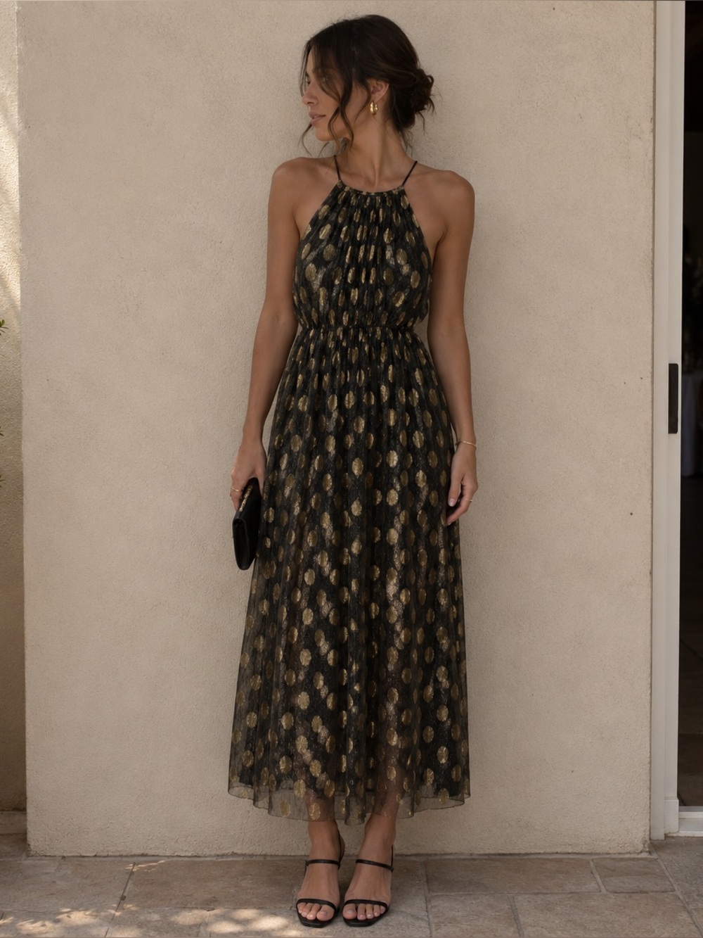 Anthropologie Sunday In Brooklyn Black Gold Halter Midi Dress Polka Dot Small - Picture 11 of 11